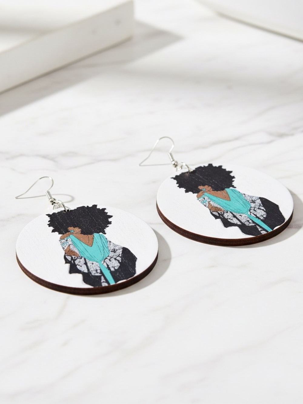 Womens Round Wood Ethnic Afro Dangle Earrings